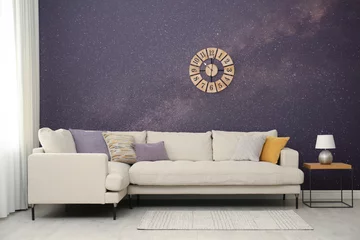 Fotobehang Per kamer Amazing night starry sky as wallpaper pattern. Living room interior with comfortable sofa near wall  © New Africa