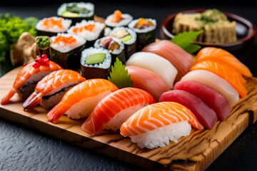 food meal japanese set fish rice japan seafood roll sushi. Generative AI.