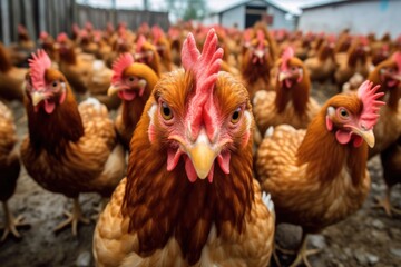 Chickens waiting to be fed up, they are looking at the camera. Generative AI