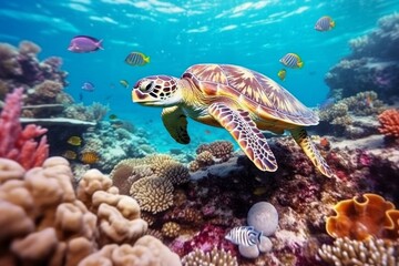 Naklejka na ściany i meble Beautiful turtle under sea water. AI generated, human enhanced.
