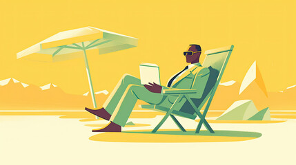 Illustration of a business person spending time on the beach, Generative AI