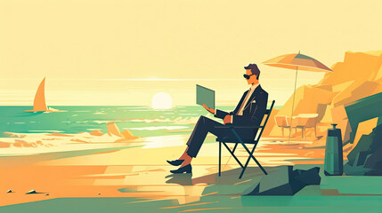 Illustration of a business person spending time on the beach, Generative AI