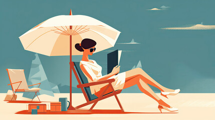 Illustration of a business person spending time on the beach, Generative AI