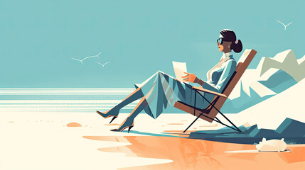 Illustration of a business person spending time on the beach, Generative AI