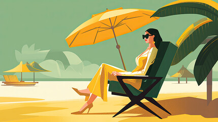 Illustration of a business person spending time on the beach, Generative AI