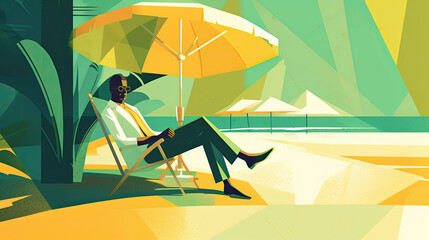 Illustration of a business person spending time on the beach, Generative AI