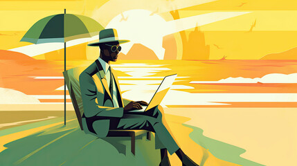 Illustration of a business person spending time on the beach, Generative AI
