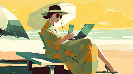 Illustration of a business person spending time on the beach, Generative AI
