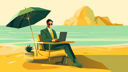 Illustration of a business person spending time on the beach, Generative AI