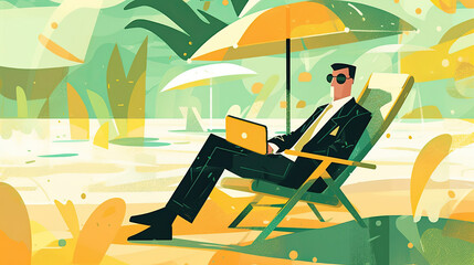 Illustration of a business person spending time on the beach, Generative AI