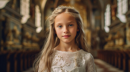 a child in a wedding dress in a church, childhood dreams and childhood fantasies of a dream wedding, princess finds prince, girls and her dream wedding with a fairytale prince