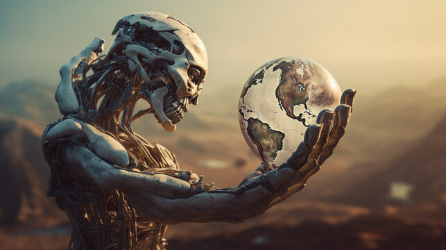 abstract, scary robot in humanoid shape looks at planet earth in his hand, fragile globe, glass, horror or dramatic abstract, steppe and desert landscape, parched dry land