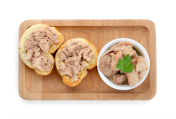 Tasty sandwiches with cod liver and parsley isolated on white, top view