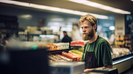 a grown man, unkempt with a full beard and unkempt hair, messy hairstyle, works in a supermarket, dirty, unkempt appearance at work