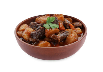 Delicious beef stew with carrots, parsley and potatoes on white background