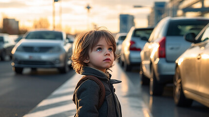 Fototapeta na wymiar small child, child alone on the road, road traffic and vehicles cars, crossing the road, dangerous because careless, child in road traffic