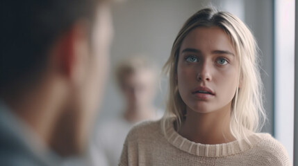 Fototapeta premium young adult man and woman, couple or friends, fictional problem, sad disappointed and afraid and expression with hopelessness