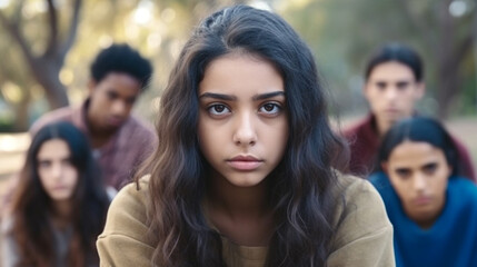 Obraz premium group of young teenagers, boy and girls, friends or group, expulsion from group or bad mood or quarrel or being offended or worries and problems