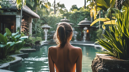 young adult female, slender beautiful pretty, at a swimming pool of a villa or hotel or homestay, fictional tropical location on vacation - obrazy, fototapety, plakaty