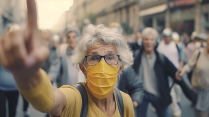 an elderly woman with short hair, anger and annoyance, protests and demonstrates, an uprising, climate protest or strike, fictional event and location - obrazy, fototapety, plakaty