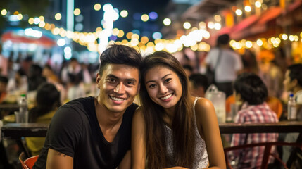 Obraz premium couple man and woman, local people, locals, chair with a small table, food from the food market, night market in the evening, typical local small street restaurants, beaming happily