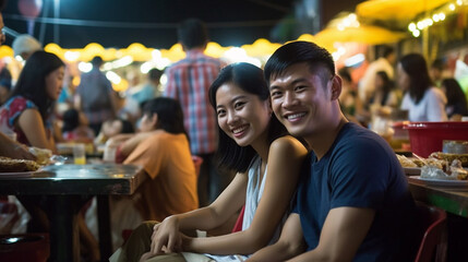 couple man and woman, local people, locals, chair with a small table, food from the food market, night market in the evening, typical local small street restaurants, beaming happily