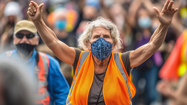 an elderly woman with short hair, anger and annoyance, protests and demonstrates, an uprising, climate protest or strike, fictional event and location