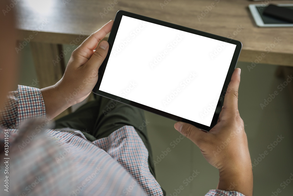 Poster men using laptop computer displays working at home with a blank white desktop screen monitor and a b