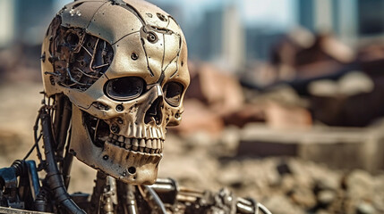 Plakat destroyed damaged metal skeleton robot, without human shell, humanoid android with artificial intelligence, in destroyed abandoned environment, machine in war against humanity