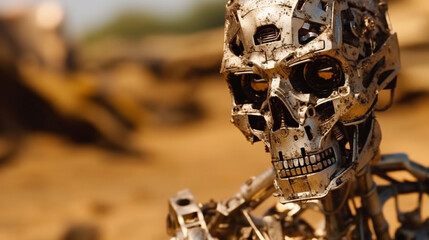 Obraz na płótnie Canvas damaged metal skeleton robot, without human shell, humanoid android with artificial intelligence, in destroyed abandoned environment, machine in war against humanity, metal combat robot and soldier