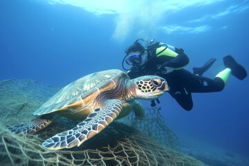 DIVER HELPING A SEA TURTLE ENTANGLED IN A NET. AI ILLUSTRATION. COLOR. HORIZONTAL. 