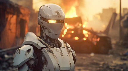 modern futuristic soldier robot, autonomous warfare, autonomous weapon, artificial intelligence or AGI at war, armored soldier at war, fire and explosions, machine gun