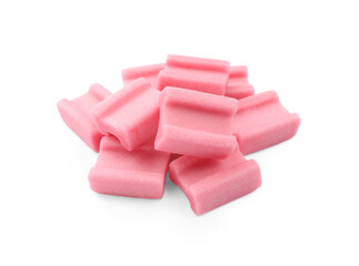 Pile of tasty pink chewing gums on white background