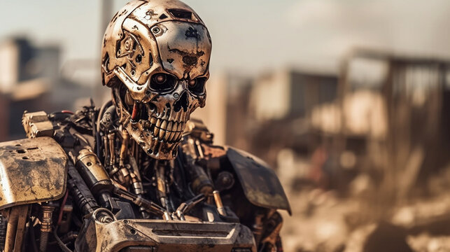 outdated rusty robot, horror and evil war machine, humanoid android, artificial intelligence or AGI AI, in the background a destroyed city and landscape, war or climate change, fictional event