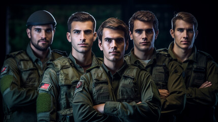 a young adult soldier and other soldiers as a squad, fictional army, in uniform, young and nervous