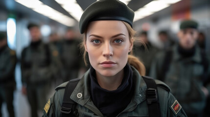 woman, caucasian, a soldier, in uniform with a bulletproof vest, special unit of the police or federal police or soldier of an army, fictitious place