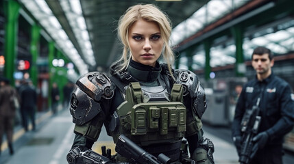 Fototapeta premium woman, caucasian, a soldier, in uniform with a bulletproof vest, special unit of the police or federal police or soldier of an army, fictitious place
