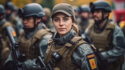 Fototapeta premium woman, caucasian, a soldier, in uniform with a bulletproof vest, special unit of the police or federal police or soldier of an army, fictitious place