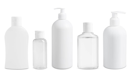 Set of cosmetic bottles with skin care products isolated on white