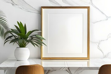 Blank gold picture frame mockup in the table and tropical plant with white interior isolated on luxury marble wall