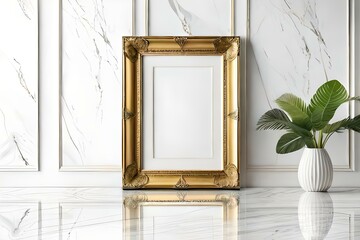 Premium gold picture frame mockup in the table and tropical plant with white interior isolated on luxury marble wall