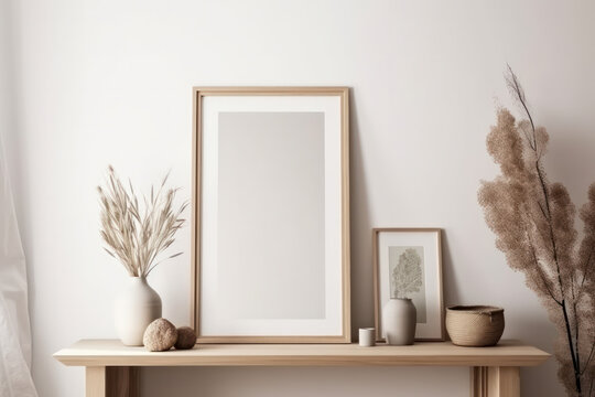 The principles of minimalism are evident in this bright room showcasing a table with a lamp and picture frame mockup. AI Generative.