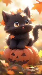 Cute and adorable Halloween baby black kitten cat character with a carved pumpkin jack-o-lantern 