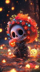 Cute and adorable Halloween or Day of the Dead sugar skull skeleton holding a jack-o-lantern pumpkin