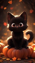 Cute and adorable Halloween baby black kitten cat character with a pumpkin jack-o-lantern 