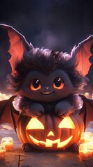 Cute and adorable Halloween baby bat character with a carved pumpkin jack-o-lantern 