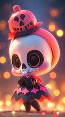 Cute and adorable Halloween or Day of the Dead sugar skull skeleton wearing jack-o-lantern