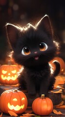 Cute and adorable Halloween baby black kitten cat character with a carved pumpkin jack-o-lantern 