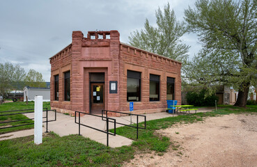 A historic bank building now used as the town hall in the village of Buffalo Gap, South Dakota, USA