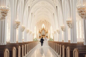 チャペルのバージンロードを歩く花婿と花嫁 with generative ai